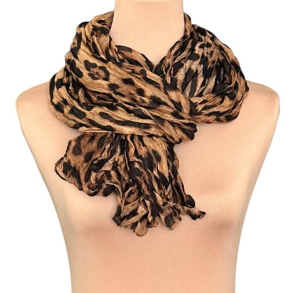 NEW Leopard Print Scarf Brown Black Crinkle Fabric Lightweight Animal Print - Picture 6 of 10